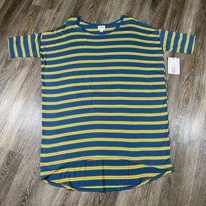NWT‎ Lularoe Irma Shirt Blue with Green/Yellow/orange stripes , sz:M